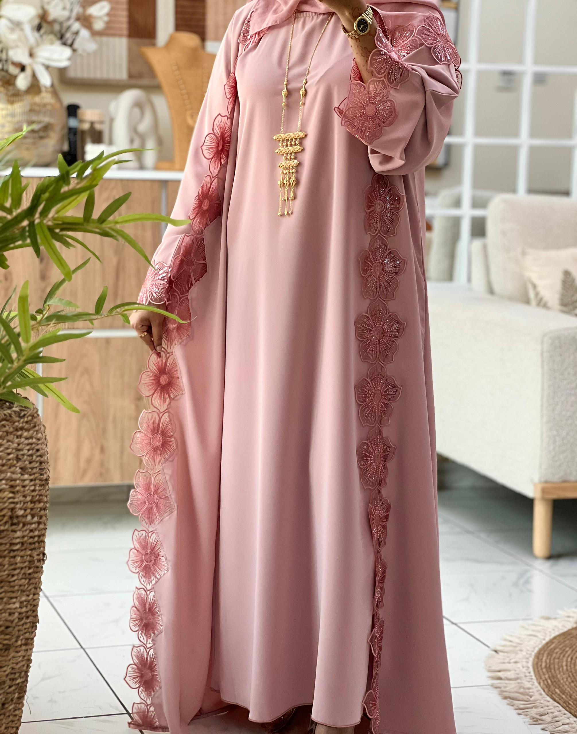 Lace Elegance Abaya – Dusty Rose - Image 2