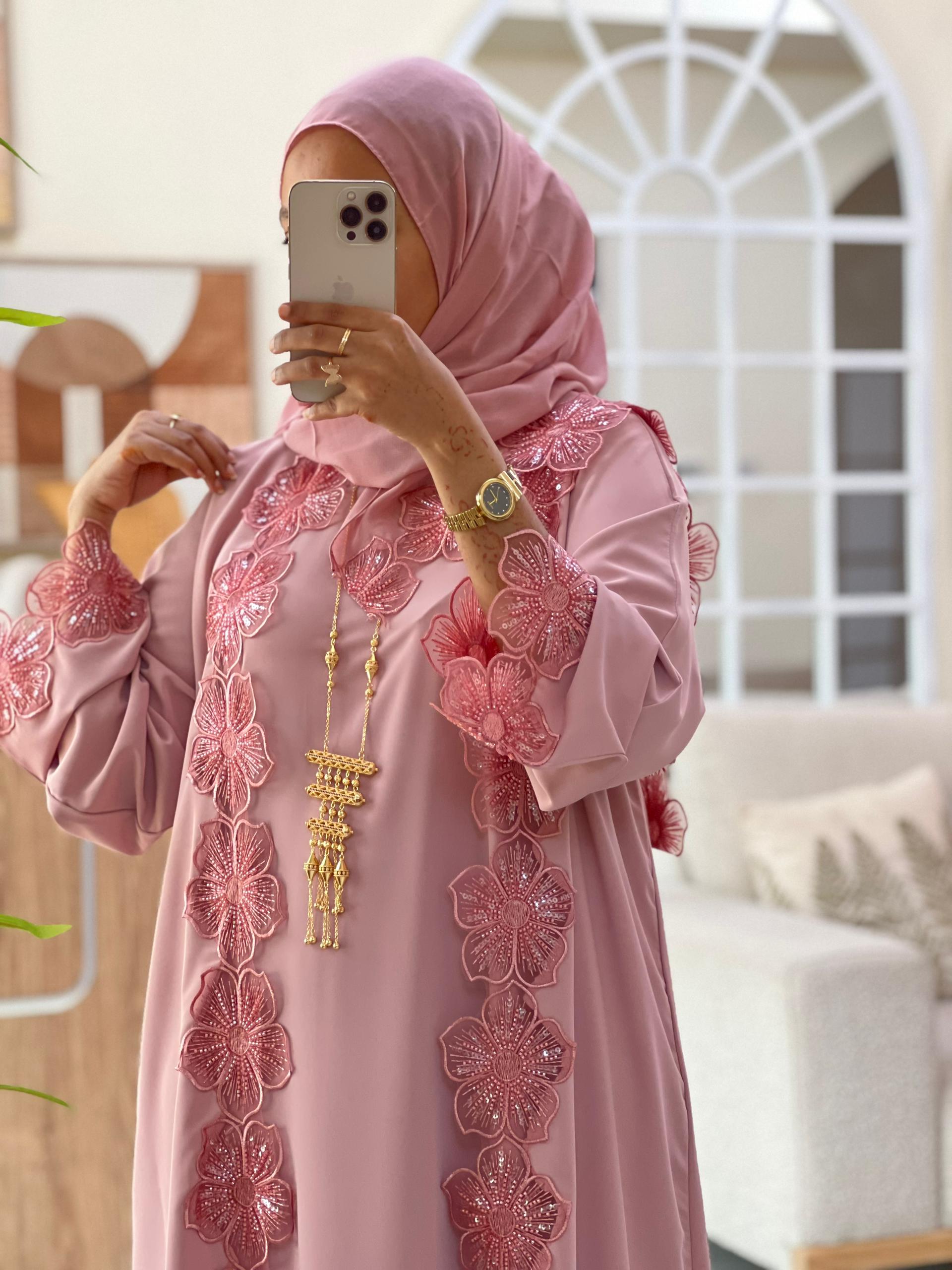Lace Elegance Abaya – Dusty Rose