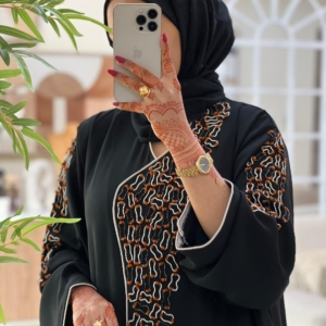 Black Beaded Nida Button Abaya